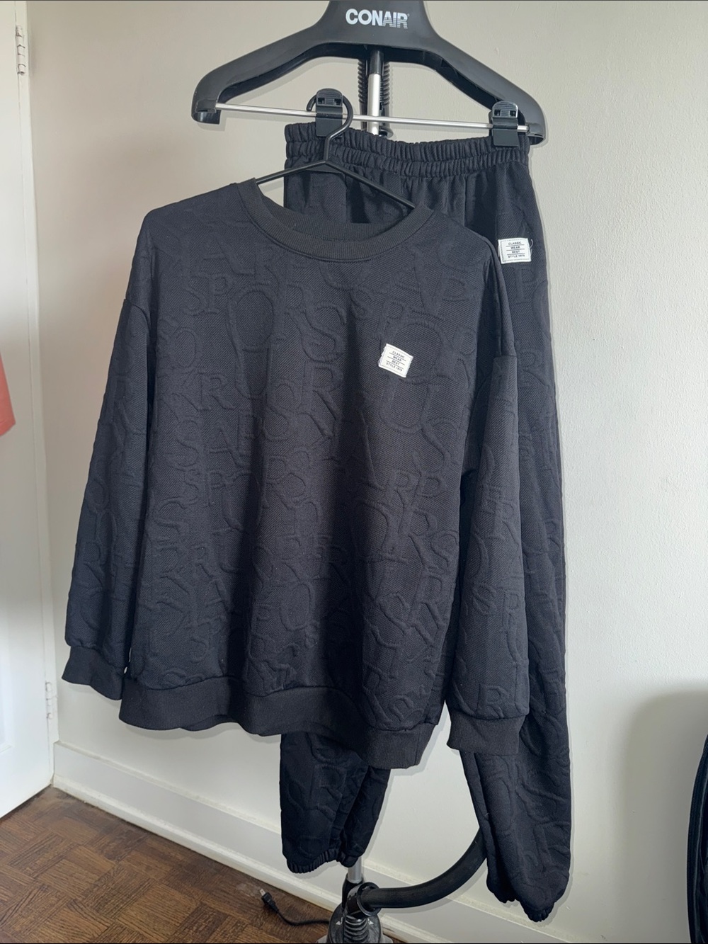 Women Black Embossed Sweatshirt and Jogger Set